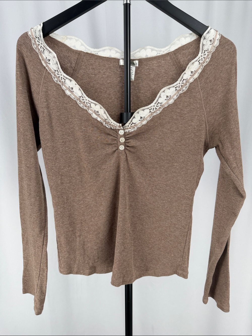 NWOT Bazzolo Brown Ribbed Lace Trim Henley Top Large Y2K Coquette